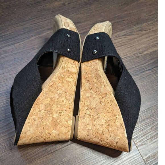 White Mountain Banner Black Cork Wedges Stretchy Upper - 3.5 inch Heel Size 7.5M - Picture 6 of 11